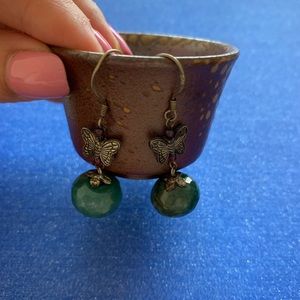 Vintage jade ball butterfly art drop earrings